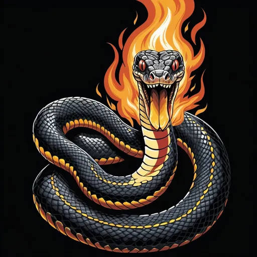 Prompt: Snake on fire, black background, detailed, dark colors, dramatic, graphic novel illustration,  2d shaded retro comic book