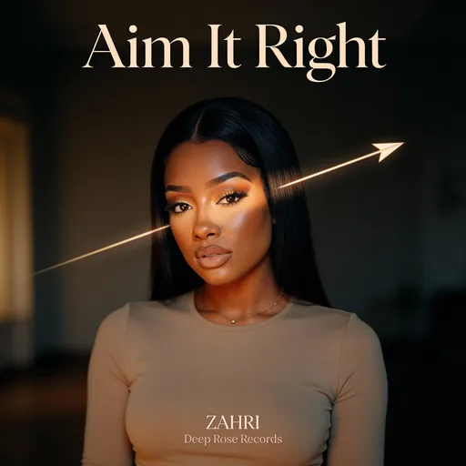 Prompt: Ultra-realistic cinematic album cover.
Zahri in a quiet, dimly lit room, seated or standing still, expression calm and intentional.
Bone-straight jet-black hair, sleek middle part.
Outfit: fitted neutral-toned top (cream, mocha, or soft taupe), minimal jewelry.
Subtle light streak across frame resembling an arrow path — abstract, not literal.
Lighting focused on her eyes and cheekbones, background softly blurred.
Color grading warm, intimate, deep shadows.
Title text: “Aim It Right” in elegant thin serif font, centered near top.
Artist name ZAHRI small, refined, centered near bottom.
Deep Rose Records faded watermark, barely visible.

Mood: intentional love, emotional intelligence, accuracy.
