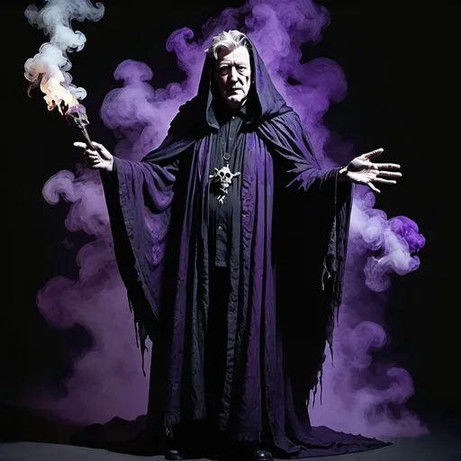 Prompt: A full body pose of David Lynch as an undead lich wizard. He should have pallid white skin and ethereal smoke around his eyes, wearing a heavy cloak in dark colors on a purple background gesturing menacingly forward.