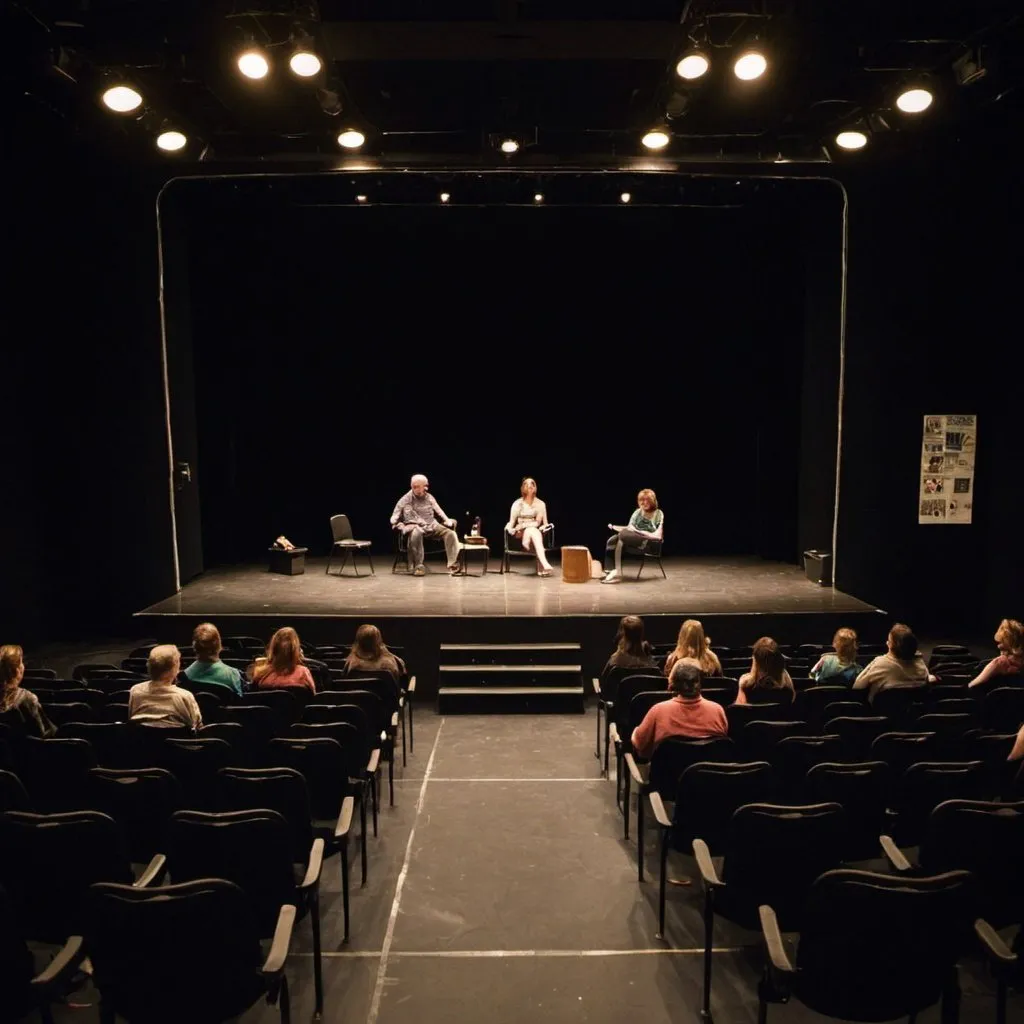 Prompt: a black box theatre with some audience members seating in front of the stage area in black chairs. the stage has some lights and there is an actor on stage.