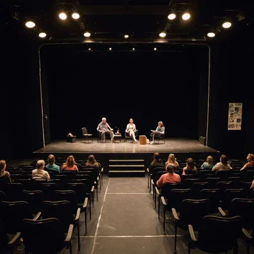 Prompt: a black box theatre with some audience members seating in front of the stage area in black chairs. the stage has some lights and there is an actor on stage.