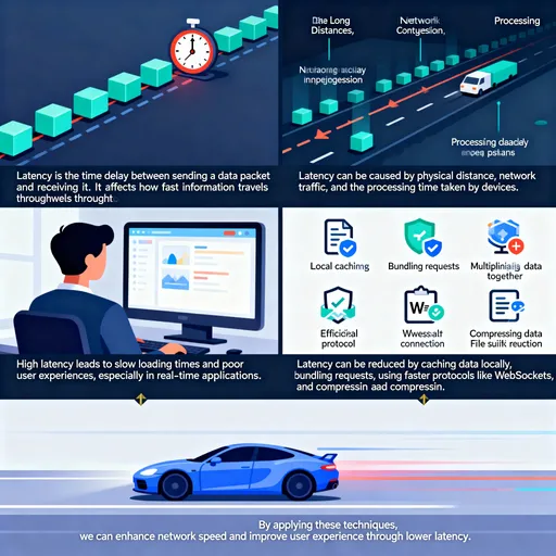 Prompt: Video Title: Understanding Latency and How to Reduce It

Scene 1: Introduction to Latency

Show animated data packets traveling slowly from a source to a destination with a visible timer illustrating delay.

Narration/script: "Latency is the time delay between sending a data packet and receiving it. It affects how fast information travels through a network."

Scene 2: Causes of Latency

Animate effects like long distances, network congestion, and processing delays causing slow packet movement.

Narration/script: "Latency can be caused by physical distance, network traffic, and the processing time taken by devices."

Scene 3: Impact of Latency on Experience

Show a user waiting for a webpage or video to load slowly due to high latency.

Narration/script: "High latency leads to slow loading times and poor user experiences, especially in real-time applications."

Scene 4: Techniques to Reduce Latency

Animate the following techniques separately with clear icons and actions:

Data caching – store data locally to reduce repeated requests

Bundling requests – send multiple pieces of data together to reduce round-trips

Using efficient protocols – show WebSocket connection for faster communication

Compressing data – visually reduce file sizes for quicker transmission

Narration/script: "Latency can be reduced by caching data locally, bundling requests, using faster protocols like WebSockets, and compressing data for quicker transfer."

Scene 5: Conclusion

Show a smooth, fast data transfer animation illustrating reduced latency.

Narration/script: "By applying these techniques, we can enhance network speed and improve user experience through lower latency."