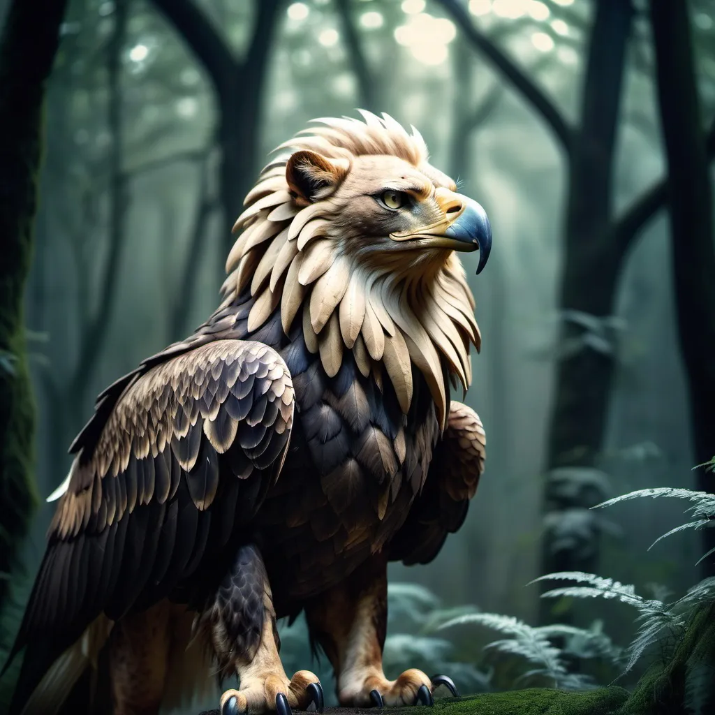 Prompt: Eagle-lion hybrid in a mystical forest, animal hybrid of an eagle and a lion, mix of lion and eagle, high quality, atmospheric lighting