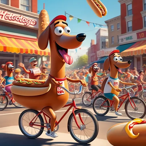 Prompt: tour de hotdog, bike and hotdog