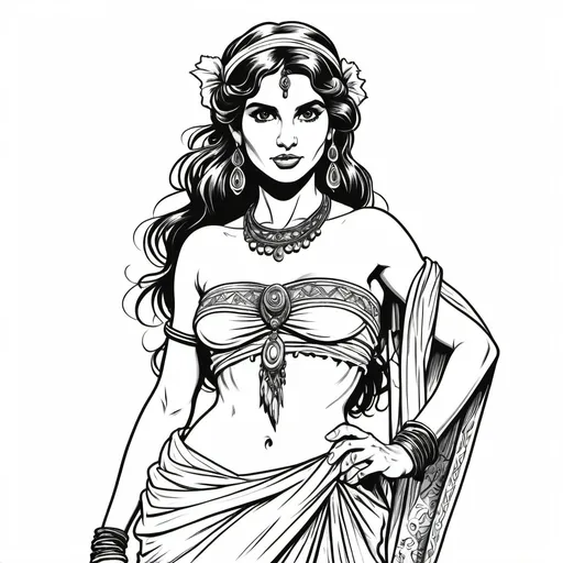 Prompt: line art, illustration 

a pretty gypsy girl, gypsy accessories, bandeau & sarong,

1/32body, lowres, 1bit bw, black and white only, isolated on white, no shading, outlines only, style of 1980 advanced dungeons & dragons,