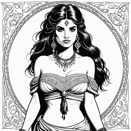 Prompt: line art, illustration 

a pretty gypsy girl, gypsy accessories, bandeau & sarong,

1/3 body, lowres, 1bit bw, black and white only, isolated on white, no shading, outlines only, in the style of 1980 advanced dungeons & dragons, by Jeff Dee,