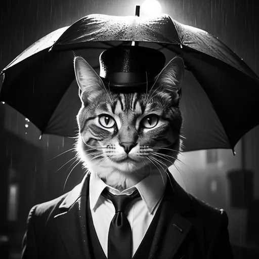 Prompt: a gentelmanly noir
 cat with a pointy umbrella

