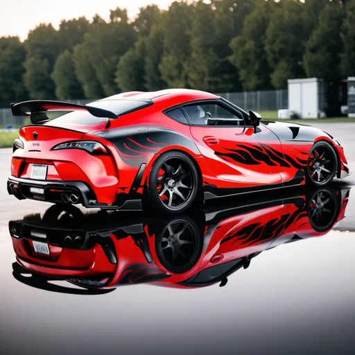 Prompt: Supra black plus a red fire wrap on side 