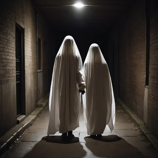 Prompt: 2 people with sheets on there heads like ghosts holding hands in a dark alley