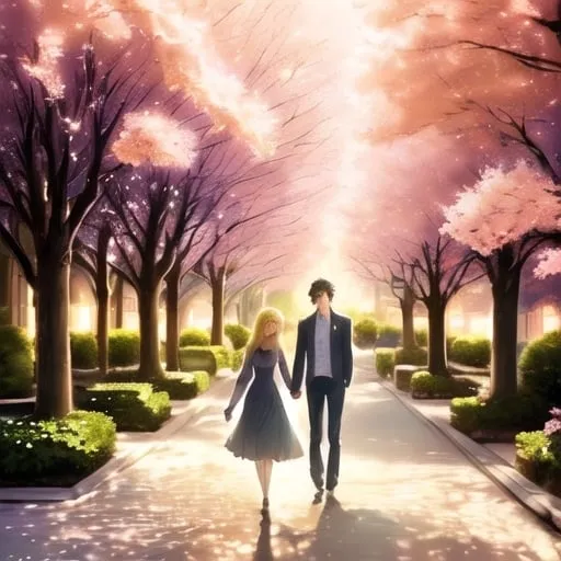 Prompt: Realistic university romance scene, classic oil painting, charming campus buildings, blooming cherry blossom trees, romantic couple walking hand in hand, intricate architectural details, warm and soft lighting, high resolution, detailed brushwork, romantic realism, soft color palette, scenic setting, atmospheric lighting, love, classic romance. Girl brown and boy blond