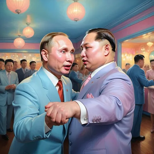 Prompt: Dreamy pastel landscape, Wladimir Putin and Kim Jong dancing at blue oyster bar, dreamy pastel, surreal, whimsical, soft lighting, impressionistic, detailed depiction, Putin with detailed facial features, Kim Jong with detailed facial features, high quality, artistic, surreal, vibrant pastel colors, soft lighting