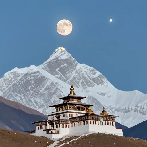 Prompt: A tibetan temple built at mountains. there is a high snow covered summit behind it and a light blue full moon is seen over the summit