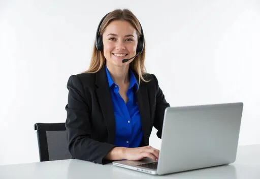 Prompt: A professional young woman customer support agent wearing a headset with microphone, sitting at a modern desk, smiling confidently at the camera. She is working on a sleek silver laptop, dressed in a black blazer and royal blue shirt. Clean white studio background, soft professional lighting, sharp focus, realistic skin texture, corporate business style, high resolution, photorealistic, modern office setup.
