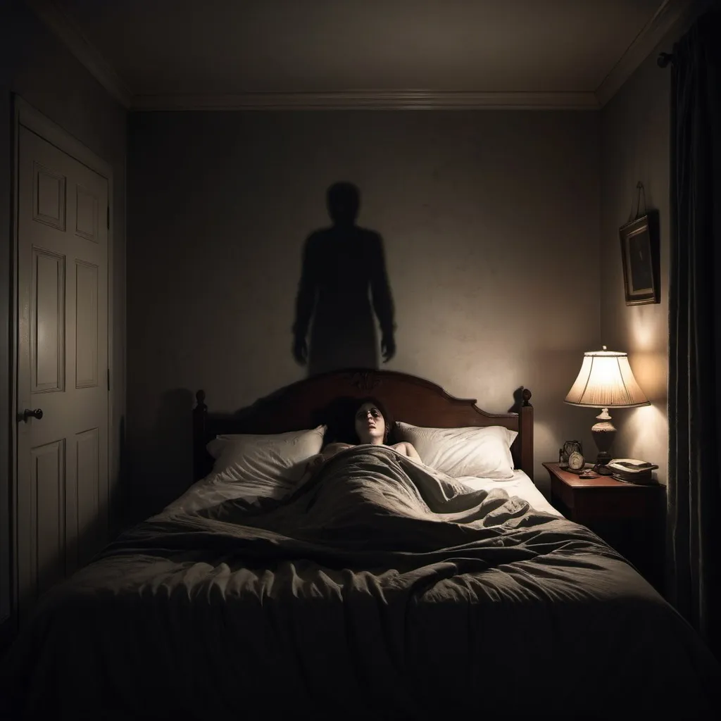 Prompt: A dimly lit bedroom, with shadows creeping up the walls, focusing on a bed with a figure lying under the covers, its face obscured but with an eerie grin beginning to form Have you ever had a nightmare that felt too real? 