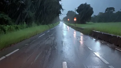 Prompt: Hard rain on a dark non ending road. No cars on the road