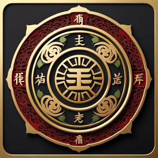 Prompt: A simple logo featuring a traditional Chinese Bagua symbol with a golden outline, set against a black background. At the center, place a prominent "Vạn" (卍) symbol. Surround the "Vạn" symbol with simplified symbols of the ten heavenly stems (Giáp, Ất, Bính, Đinh, Mậu, Kỷ, Canh, Tân, Nhâm, Quý

