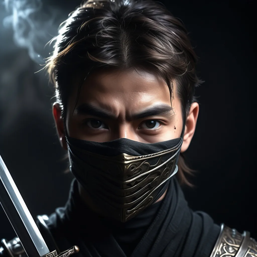 Prompt: (ninja hiding face behind a sword), dynamic pose, high tension, dramatic lighting, dark and moody atmosphere, intricate details in armor, blurred background suggesting stealthy surroundings, intense expression, ultra-detailed, 4K resolution, cinematic depth, emphasis on weapon craftsmanship, contrasting shadows and highlights, ethereal mist adding mystery.