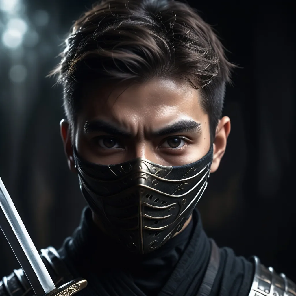 Prompt: (ninja hiding face behind a sword), dynamic pose, high tension, dramatic lighting, dark and moody atmosphere, intricate details in armor, blurred background suggesting stealthy surroundings, intense expression, ultra-detailed, 4K resolution, cinematic depth, emphasis on weapon craftsmanship, contrasting shadows and highlights, ethereal mist adding mystery.