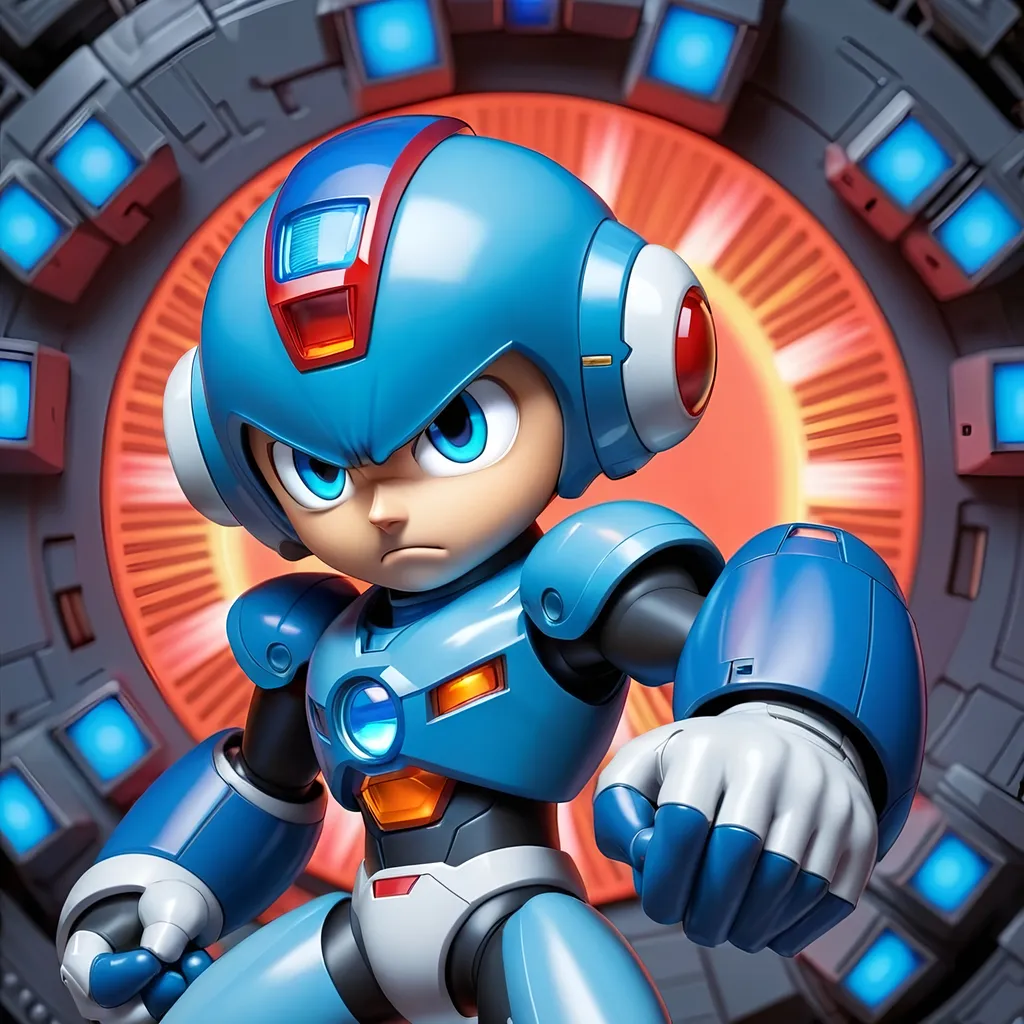 Prompt: Capcom megaman standing next to zero, holding mega buster command center with many LED background