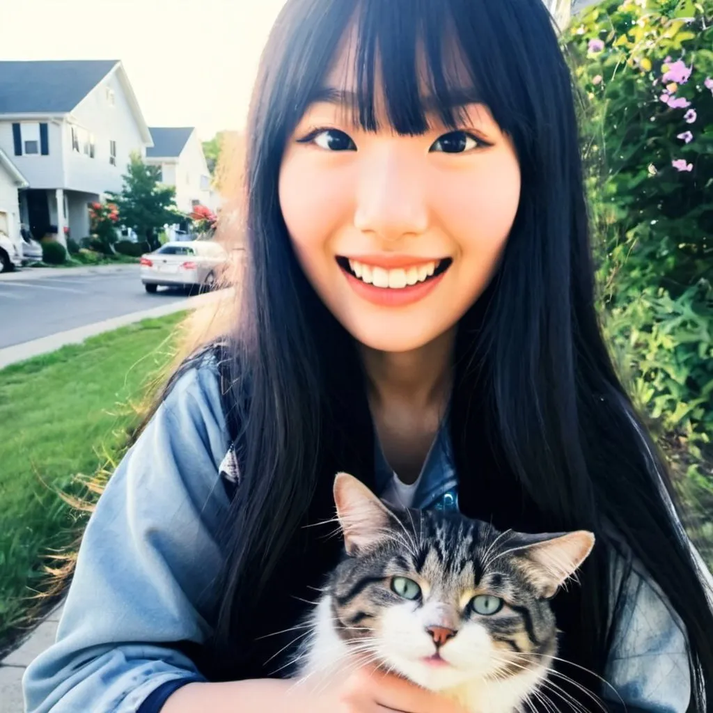 Prompt: very longhaired Japanese Rapunzel, with black hair, outside, on sidewalk, in Bangor Maine, in summer outfit, jeans and a Letterman Jacket, holding a stary cat.