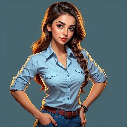 Prompt: cartoon style, high quality, confident expression, stylish outfit, professional, attitude, beautiful girl, Amna on shirt, confident stance, vibrant colors, bold lines, detailed facial features, modern cartoon, professional art style, colorful, dynamic pose, best quality