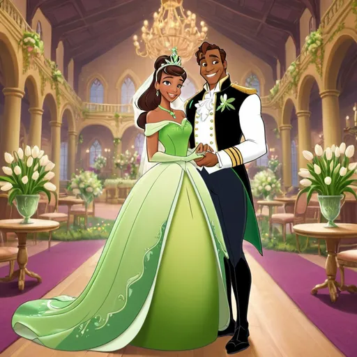 Prompt: Tiana and Prince Naveen from princess and the frog, in a wedding venue. Tiana in her Iconia green, tulip dress, Prince Naveen in his Prince attire.