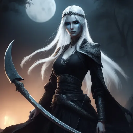 Prompt: female shadarkai, grey skin, white long hair, ice blue eyes, wields a scythe
