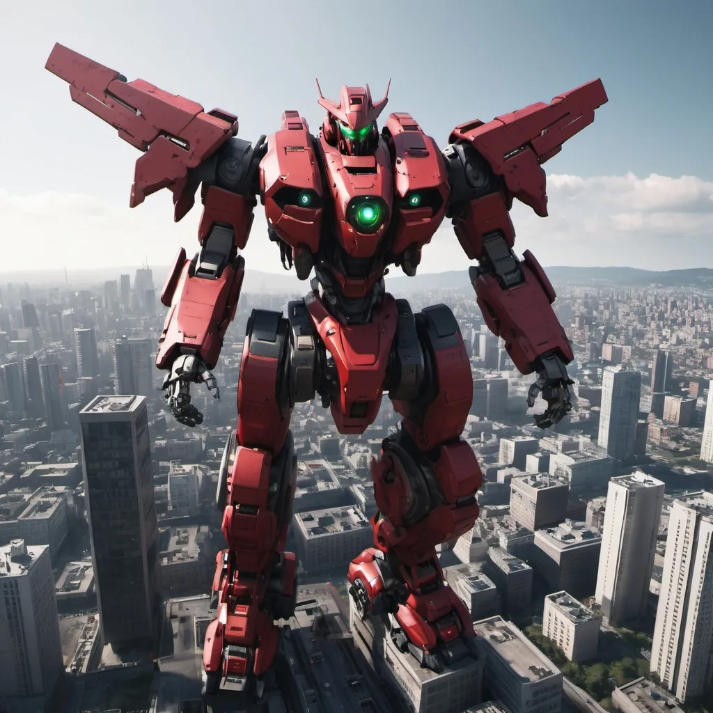 Prompt: Mecha with one red eye, flying over a city, full-body, cinematic render