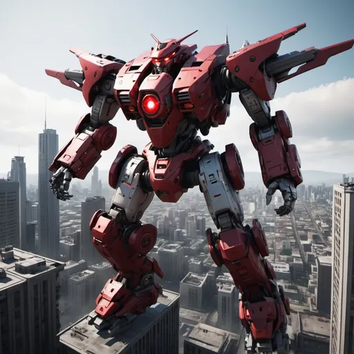 Prompt: Mecha with one red eye, flying over a city, full-body, cinematic render