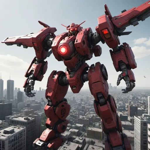 Prompt: Mecha with one red eye, flying over a city, full-body, cinematic render