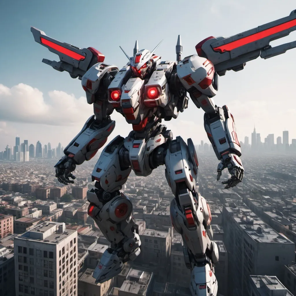 Prompt: Mecha with one red eye, flying over a city, full-body, cinematic render