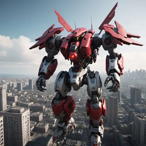 Prompt: Mecha with one red eye, flying over a city, full-body, cinematic render