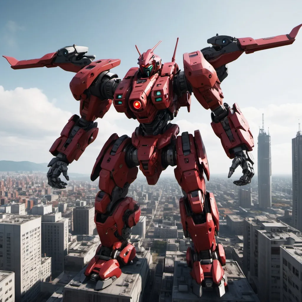 Prompt: Mecha with one red eye, flying over a city, full-body, cinematic render