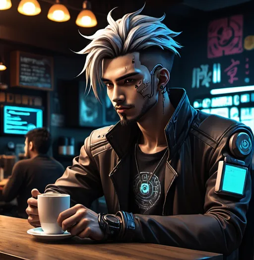 Prompt: Anime cyberpunk style, man in coffee shop, highly detailed, HD, dark background