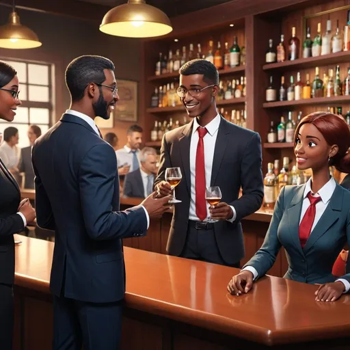 Prompt: People in business attire in animated conversation in a setting reminiscent of a bar