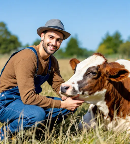 Prompt: The image shows a young man kneeling down in a field with a cow. The man is wearing a brown sweater, blue overalls, and a gray hat. He is kneeling on the grass and is petting the cow's nose. The cow is brown and white with a black nose and ears. The background is a field of tall grass and trees. The sky is blue and the overall mood of the image is peaceful and serene.
