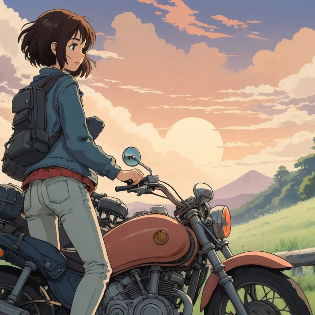 Prompt: 2d studio ghibli anime style, girl on motorcycle, anime scene