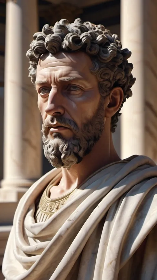 Prompt: (Realistic portrait of Marcus Aurelius) deeply contemplative, (Roman Emperor attire) intricate toga with imperial regalia, (philosopher) wise, thoughtful expression, well-trimmed beard, (ancient Roman setting) grand marble columns, statues in the background, soft sunlight bathing the scene, regal and historic atmosphere, classical colors, somber and reflective mood, ultra-detailed, 4K rendering.