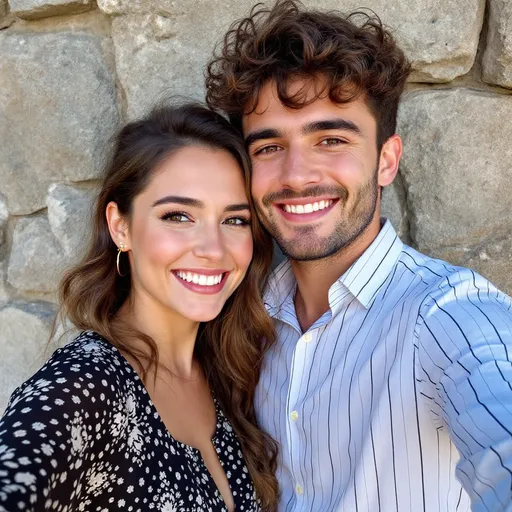 Prompt: A pair of young individuals smiles brightly for a selfie, framed against a rugged stone wall that adds texture to the background. The young woman, dressed in a black and white patterned dress, exudes warmth with her cheerful expression, while the young man, wearing a white shirt with vertical stripes, playfully leans closer, his curly hair catching the light. Their close proximity suggests a sense of camaraderie or affection, enhanced by their playful poses. The bright outdoor lighting creates a lively atmosphere, evoking a moment of joy and connection amidst the natural stone surroundings. conevert to studio ghibili image