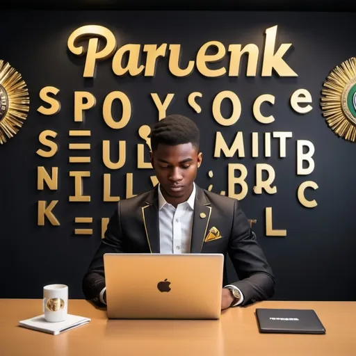 Prompt: A captivating and vibrant scene featuring a stylish young man in a senator suit blazer, working diligently on his laptop. The room is illuminated by a bright, shiny light, highlighting the stunning black wall adorned with a 3D metallic logo for "Sparelink Nigeria Ltd". The bold gold and black font logo proudly declares "MR OLU AKELE" and is illuminated, giving off a modern, lo vibe. The wall also showcases an inviting list of services, including "Spares part," "Perkins","FG Wilson", "Dorman","Roll Royce", "All kinds of Turbochargers","filters of all kinds" and logos professional. The atmosphere is lively, with social media icons for Facebook and WhatsApp adding a touch of connectivity to the scene., typography, 3d render