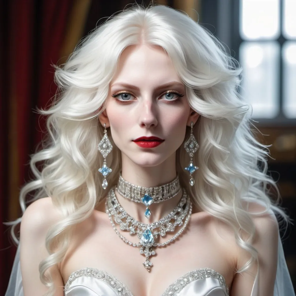 Prompt: Tall human female with long curly white hair. Pale skin. in her thirties. White and frost blue royal clothing made of silk, and silver jewelry. Piercing white eyes. Evil smirk. Strong jaw