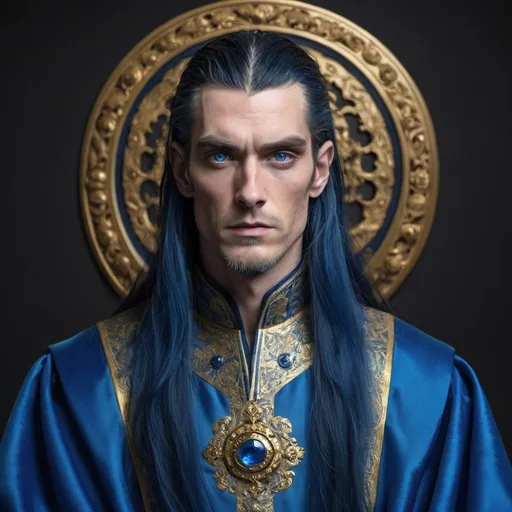 Prompt: a tall human male with long dark blue hair and piercing blue eyes. Royal looking blue and gold robes made of silk. Looks stern and determined, has a small blue beard