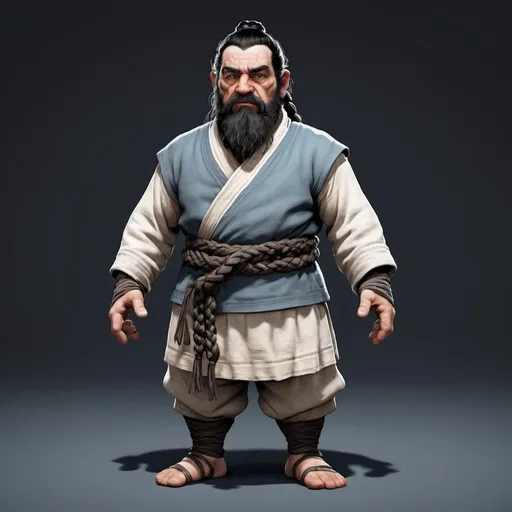 Prompt: is an elderly looking dwarf male dressed in blue and light gray clothing, his hands and ankles tightly wrapped in something that looks like bandages. His black hair is mostly tied back into a loose bun, and his thick black and white beard has two braids that end in a light blue ribbon each