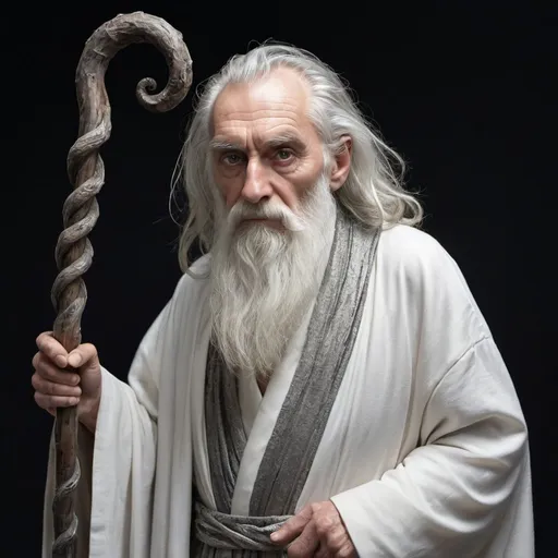 Prompt: an elderly human male, dressed in fine, white and silver robes made of silk and velvet. His sunken eyes are barely visible under his bushy eyebrows, and his long, gray beard looks well groomed. He holds a staff made of darkened wood that seems to be unnaturally curled and folded toward the tips, forming almost a small, spiraled cage