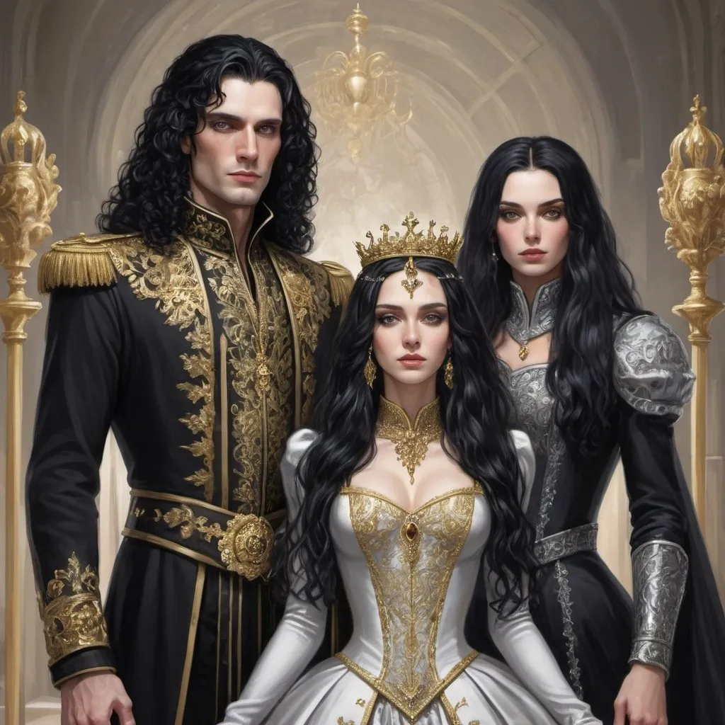 Prompt: Tall, pale human male and female. The woman has long, curly black hair, piercing gold eyes. the man has long straight black hair, piercing silver. The female is wearing black and gold royal clothes. the male is wearing black and silver royal clothes