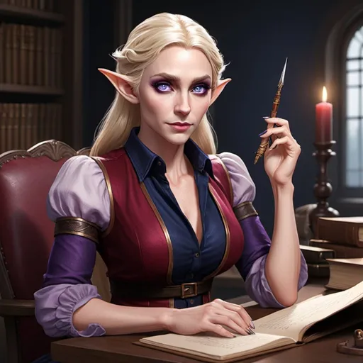 Prompt: Tall blonde elf female, looks around 30 years old, dressed in purple red vest and a black shirt, shimmering dark blue eyes, holding a quill and sitting by a desk