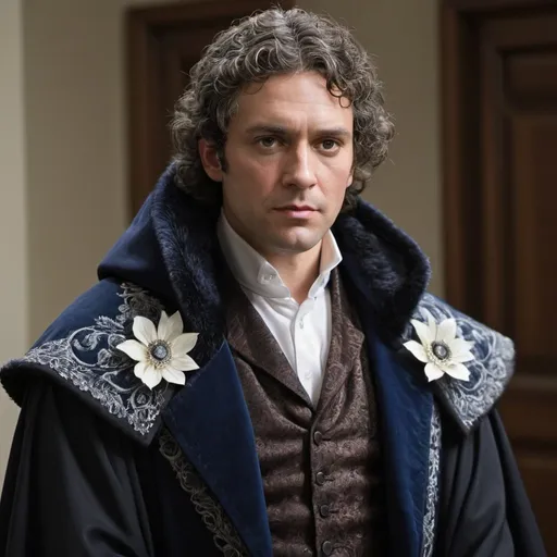 Prompt: Middle aged man dressed in a formal outfit, wearing a black cloak with fur around the shoulders, a fine white shirt under a dark blue vest with silver flower patterns spread across it. His hair, posture and general figure, however, speaks much more of a person who’s not at all used to the finer clothing he’s dressed in. He carries himself as one who’s traveled a lot and spends more time outside the rooms of politics, his curly, dark brown hair looks tangled and uncombed, barely covering the variety of scars across his slightly dark skinned face. 