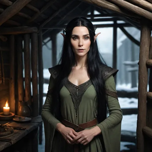 Prompt: Elven woman with long black hair standing in a dark hut