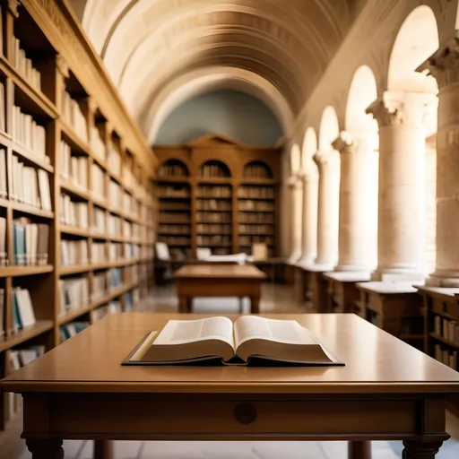 Prompt: view of a desk from head on, soft bokeh of background of an Ancient Greek library. books on desk to the left and right hand side. no one sat at the desk. view is front on.  greek style arches in the background bookshelves