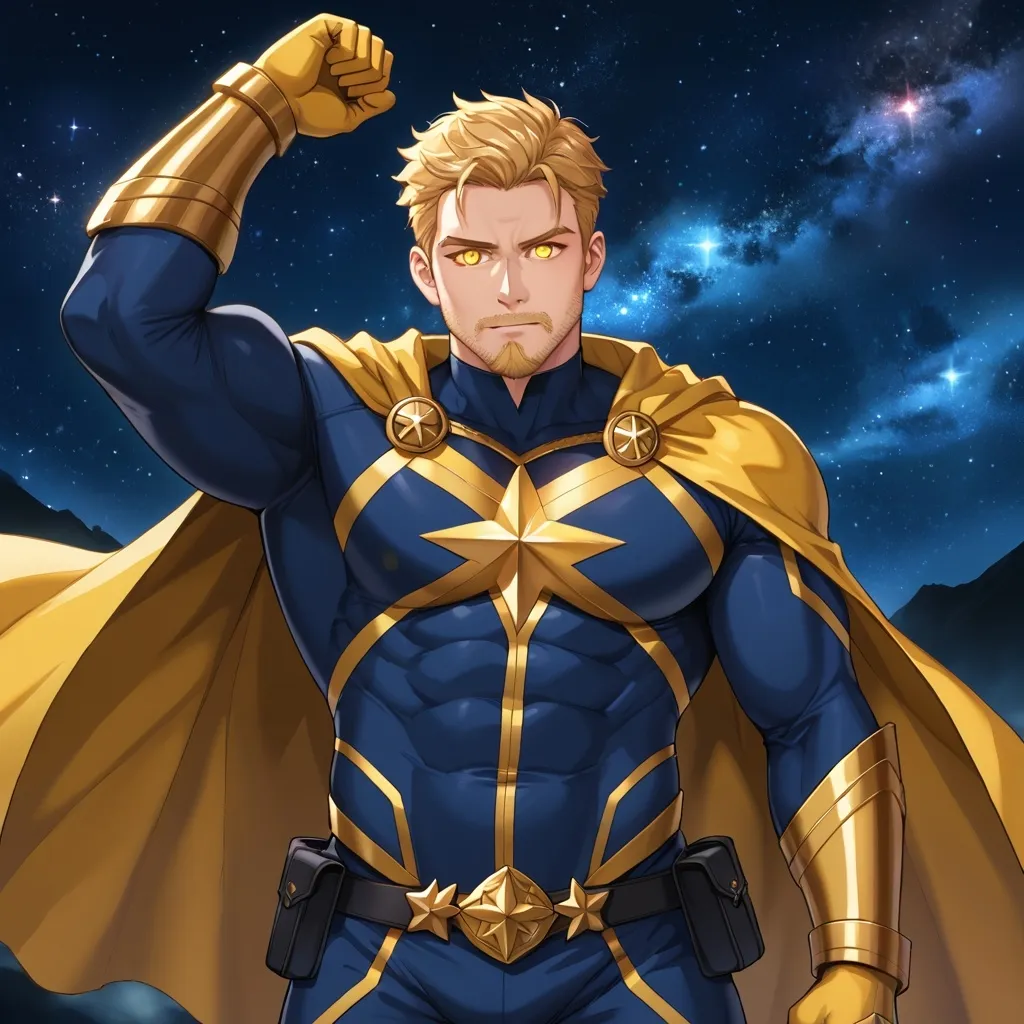 Prompt: handsome middle aged muscular male, short blond haired superhero in a dark black and gold uniform with a star on his chest, golden cape, dynamic heroic pose in the night sky, golden gauntlets, golden cape, glowing eyes, high contrast, stubble beard